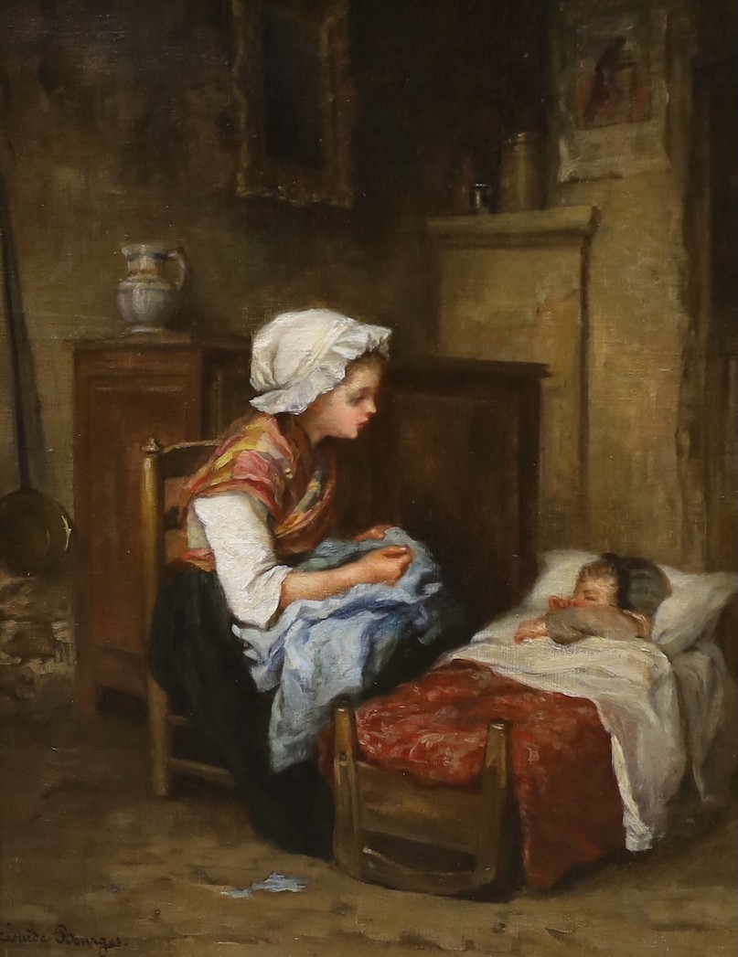 Pauline Eloise Leoni de Bourges (1838-1909), oil on canvas, girl seated beside a sleeping infant, signed, 34 x 26cm